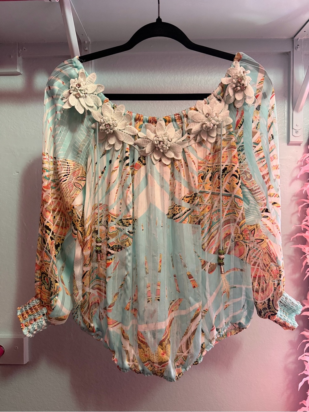 Casting Made in France Floral Appliqué Boho Peasant Blouse Romantic Top (Medium)
